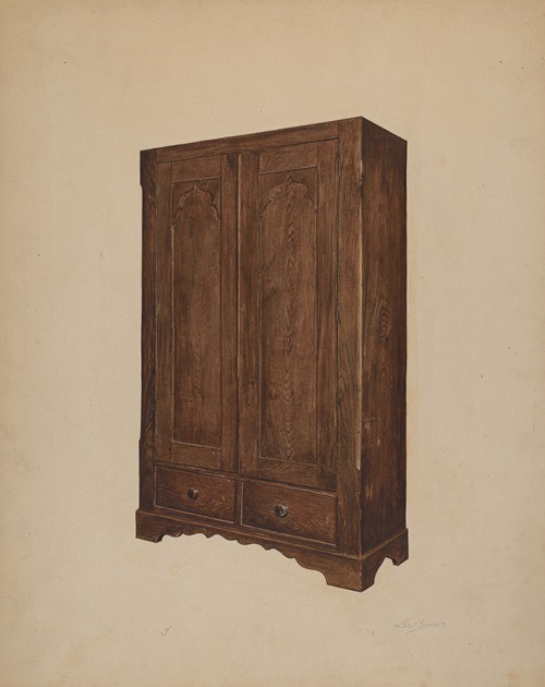 a watercolor painting of a twodoor wooden wardrobe. the wardrobe has two drawers at the bottom and decorative detailing on the top of each door. the overall color is brown, and it appears to be a vintage or antique piece of furniture.