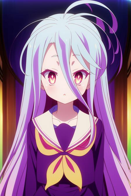 a closeup shot of shiro from the anime "no game no life." she is a young girl with incredibly long, flowing lavender and white hair that extends down past her waist. her eyes are a striking crimson red. shiro's expression is neutral, almost blank, giving her a somewhat stoic appearance. she's wearing a dark purple sailorstyle school uniform with a bright yellow and magenta bow tie. the overall style is consistent with the anime's vibrant color palette and character designs.  the background is largely blurred, drawing focus to shiro herself.