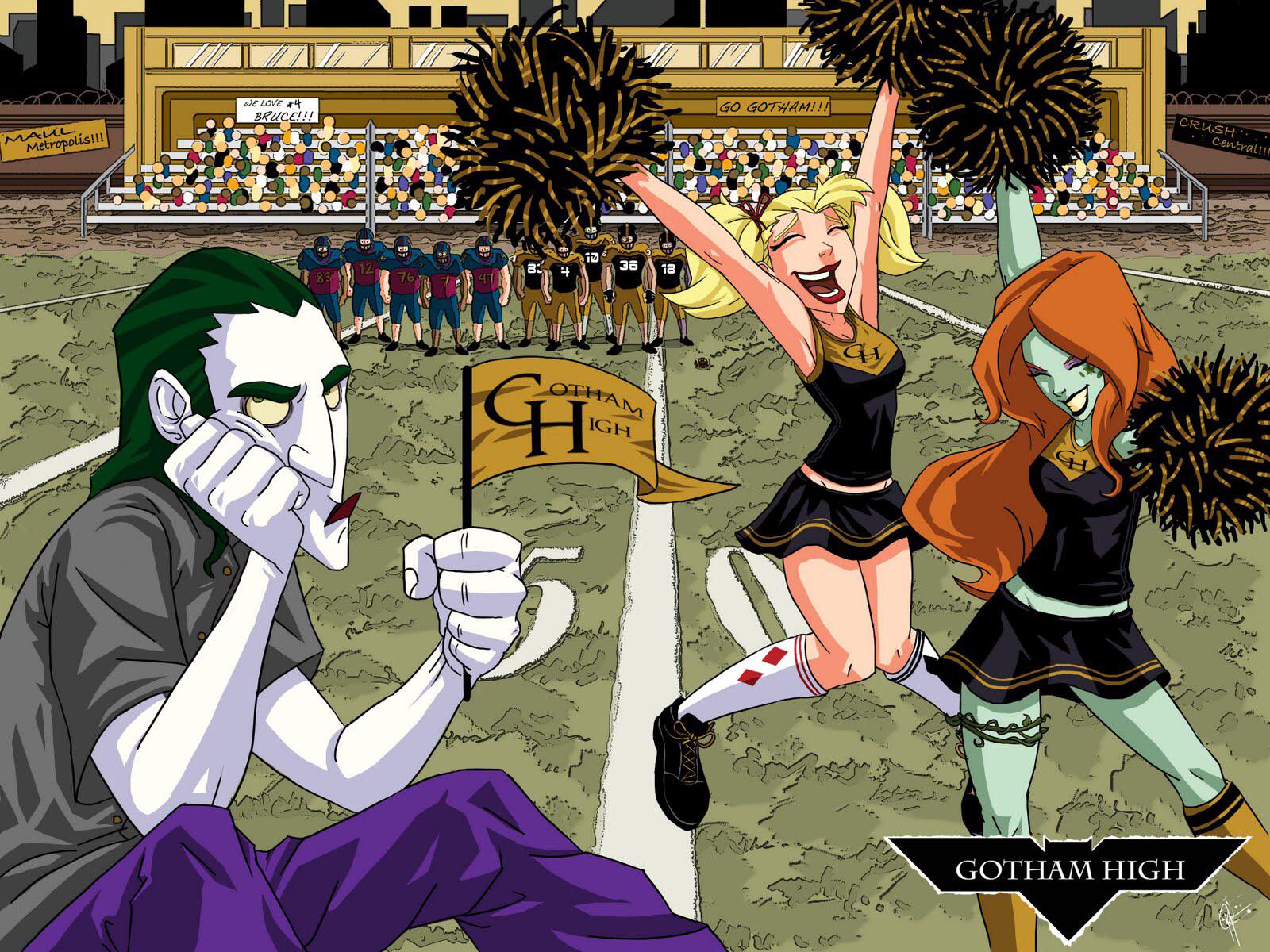 he image is a vibrant comic bookstyle illustration depicting a football game between two high schools.  the scene is set on a muddy field, with bleachers filled with spectators cheering on their teams.  the central focus is on harley quinn and poison ivy, dressed as cheerleaders for gotham high, performing energetic routines with pompoms.  the joker is seen in the foreground, seated and seemingly observing the game with a pensive expression.  the artwork features bold outlines, bright colors, and exaggerated expressions typical of comic book art.  the background includes the names of rival schools and messages of support, adding to the overall narrative of school spirit and friendly competition. the overall style is dynamic and humorous.