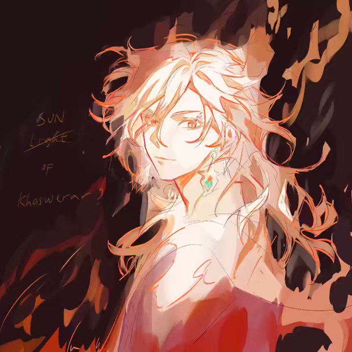 this is a digital illustration of an anime character. the character is a young man with long white hair and red eyes. he is wearing a necklace with an elaborate pendant, as well as earrings.  he is surrounded by fire and flames, and the image has an overall mystical and fantasy feel. the title "sun light of khosweran?" suggests that the character is a powerful figure with magical abilities.  the illustration is done in a colorful and expressive style, with a focus on detail and light.