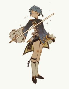 the image features a single character, a young person with blue hair, standing and holding a sword. they are dressed in a stylized outfit with long, flowing sleeves and a short skirt, reminiscent of fantasy or historical european clothing. the character is drawn in an anime or manga style. the background is plain white, and the overall tone of the image is soft and gentle.