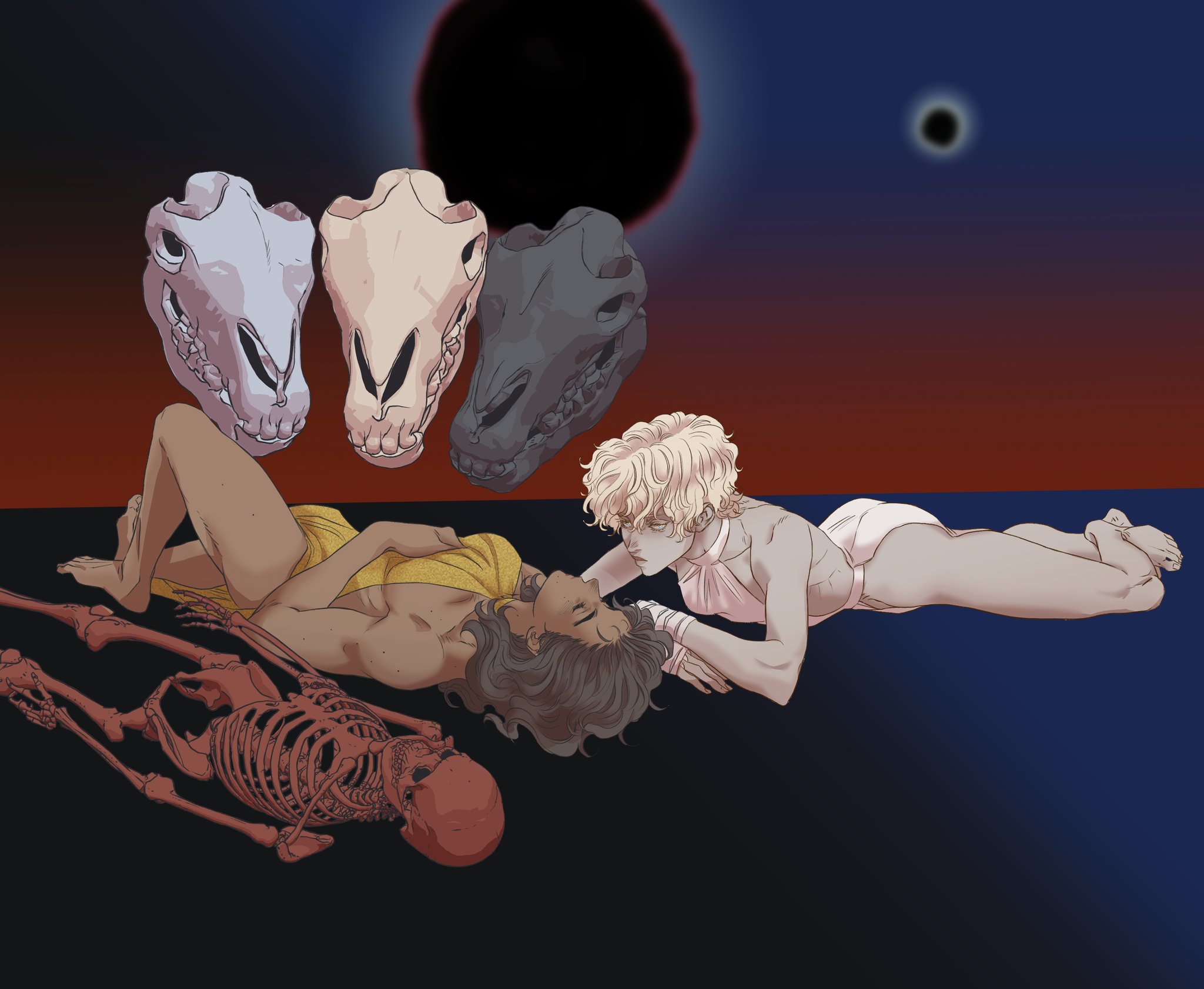 this is a fantasy cartoon style image featuring a couple lying down on a dark blue surface. there is a skeleton lying next to one of the figures. above them float three animal skulls and there is a red sky with a large black eclipse. the scene has a dreamy, dark, and potentially deathrelated theme.