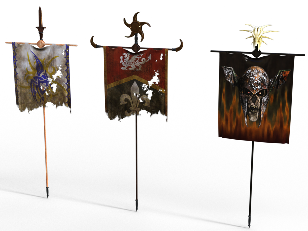 three fantasy banners are displayed against a black background. each banner is tattered and worn, suggesting age and use. the left banner is white with a stylized blue and gold dragon design. the center banner is red and black with a white griffin and fleurdelis. the right banner is black with a fiery skull motif, complete with wings and a horned helmet. each banner is mounted on a pole with decorative toppers.