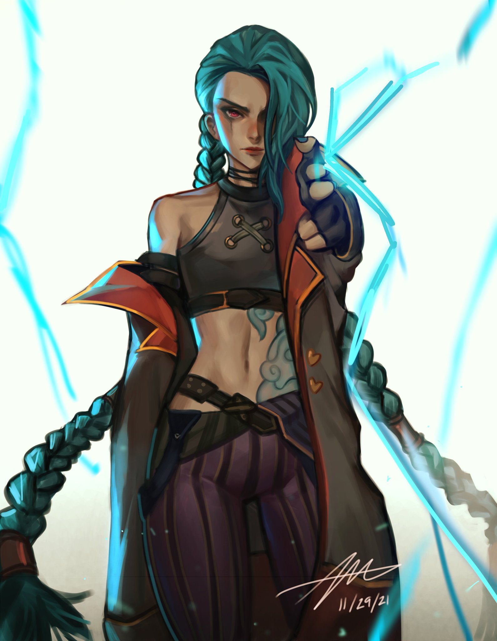 a digital fan art of jinx from arcane/league of legends. she is depicted in an anime style with blue hair styled in pigtail braids. she's wearing a crop top, a long coat, and purple striped pants. she has a tattoo on her abdomen and is pointing a gun towards the viewer with an intense expression. the background is a plain white with blue lightning effects. the artwork has a signature and date at the bottom right corner.