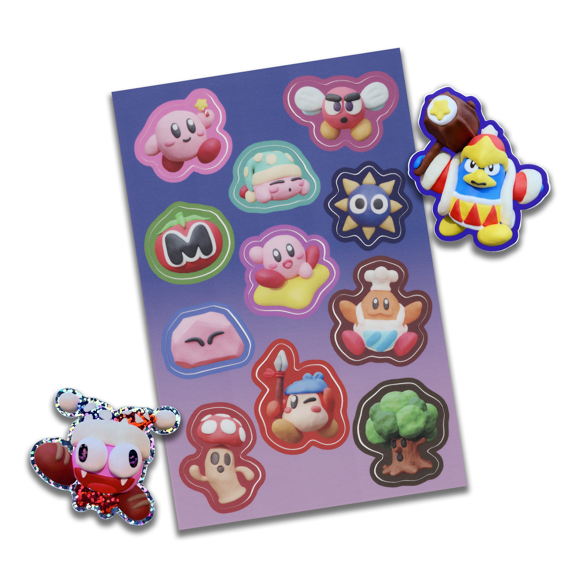 this image shows a collection of handmade kirby themed stickers with a variety of characters like waddle dee, king dedede, and meta knight. the stickers are made from different colors of clay and are decorated with eyes and facial features that have a cute and playful style. there are also some stickers that feature elements from the kirby games, such as the iconic "m" from the "meta knight's revenge" game. the stickers are arranged on a purple background, and the overall effect is very bright and cheerful.