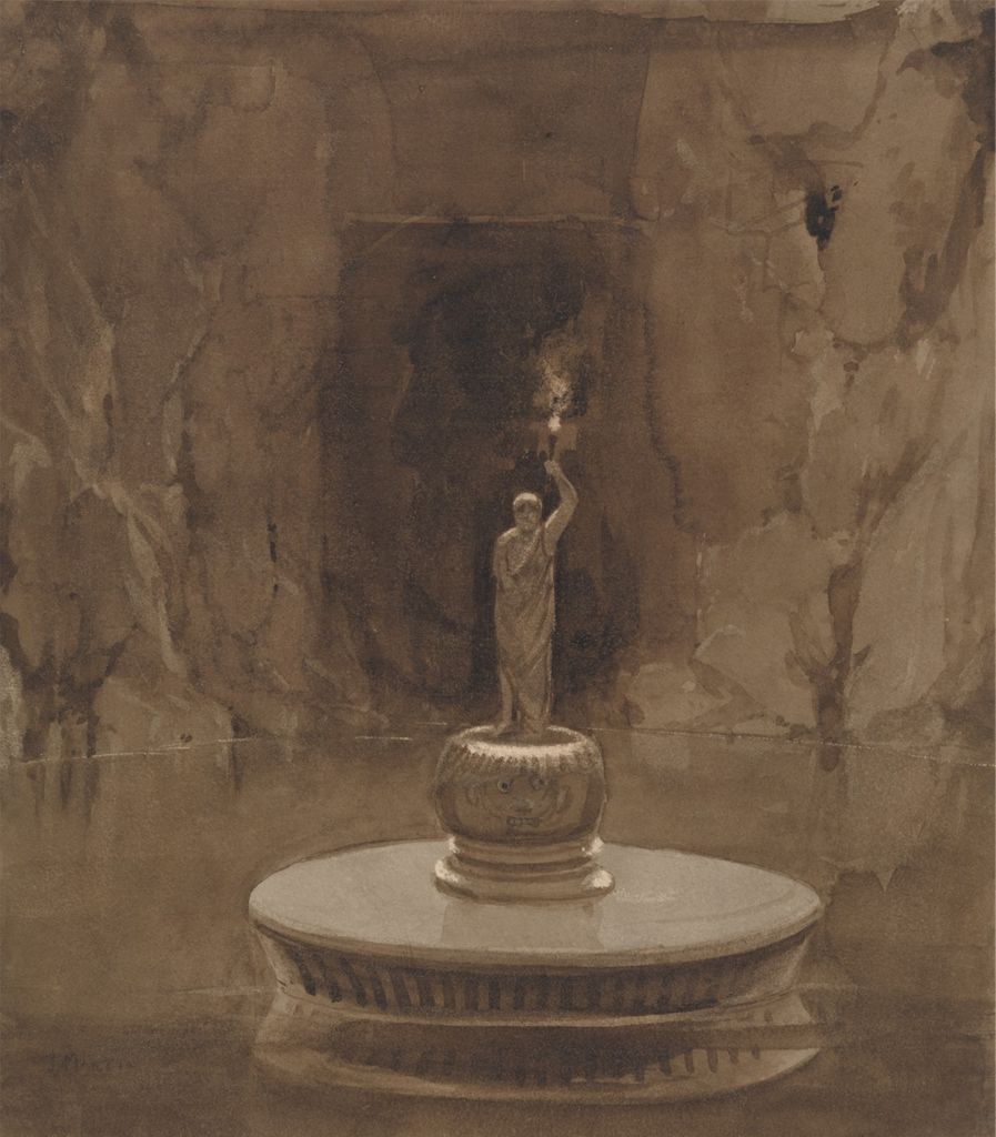 a watercolor painting depicts a statue of a figure holding a torch, standing on a fountain against a dark, cavernous backdrop. the torch illuminates the figure and a small area around it, contrasting with the deep shadows of the background.