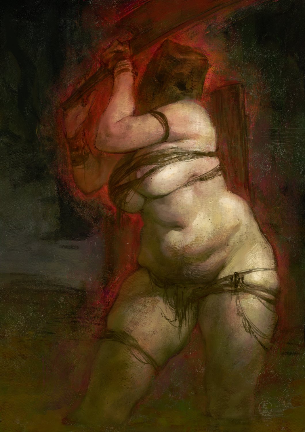 the artwork presents a digitally painted, expressionistic portrayal of a nude, bound woman. her body is predominantly light beige, with darker tones suggesting shadow and texture. the woman is tied with dark ropes or cords, her hands bound above her head, while a hood obscures her face. her body is depicted with a realistic yet exaggerated form, emphasizing her curves and weight. the background is largely obscured and dark, with rich tones of red and brown providing a stark contrast to the figure. the overall mood of the painting is dark and dramatic, creating a sense of unease and potential violence, evoking themes of sacrifice, execution, or torture. the style is painterly, with visible brushstrokes and a textured surface that contributes to the painting’s expressive quality.