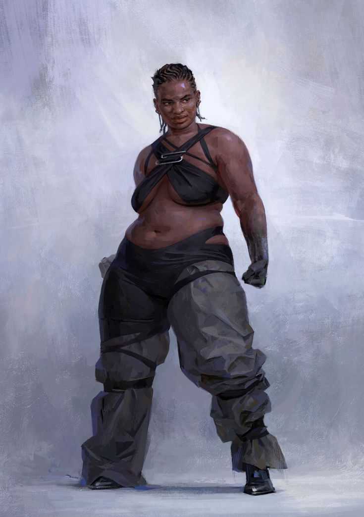 a digital illustration of a darkskinned woman in a dark and futuristic outfit, with a serious expression, standing in front of a grey background.