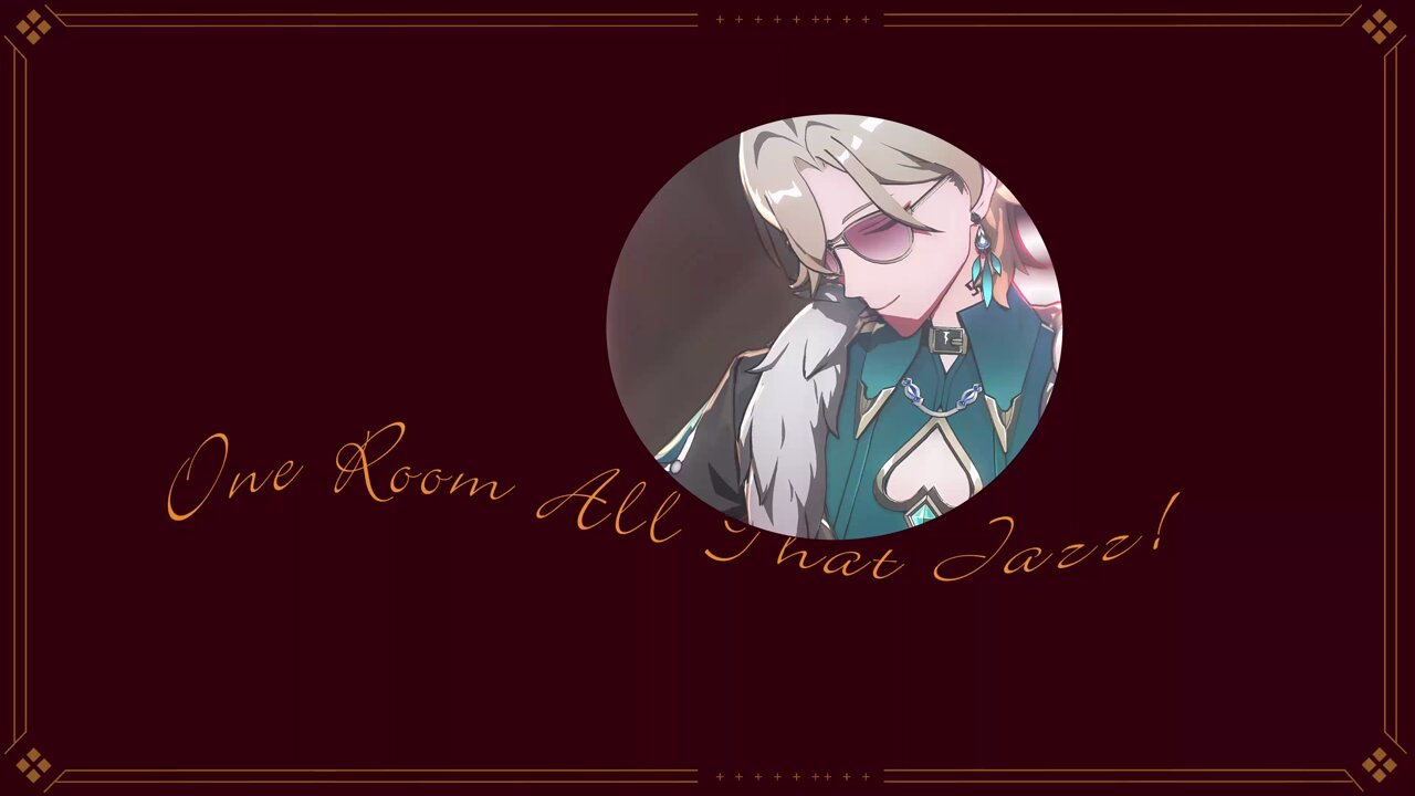 a closeup illustration of an anime character in a suit and sunglasses against a red background with the words "one room all that jazz" written in a script font below.  the character appears to be sitting at a table with a deck of cards in front of him, and his facial expression is sly and amused. the background is a simple red with a gold frame around the edges.