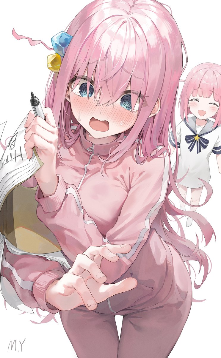 the image is a digital illustration of two anime girls. the main focus is on the girl in the foreground, who has long, pink hair and is wearing a pink tracksuit. she is holding a marker and a sketchbook, and appears to be stressed or frustrated.  her expression is one of worry.  behind her, a smaller, happier girl with pink hair and a sailor outfit is visible, suggesting a contrast in their moods. the art style is soft and somewhat painterly, with a focus on pastel colors and delicate lines.  the overall impression is cute and slightly melancholic.