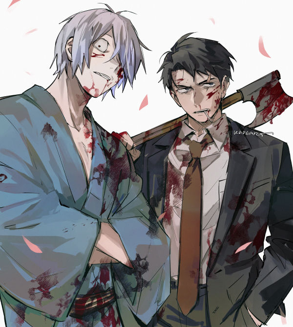 two men covered in blood stand posing for the viewer. one wears a blue kimono and the other wears a suit and tie. the man in the suit holds a bloodied axe on his shoulder. there are pink petals floating in the air around them.