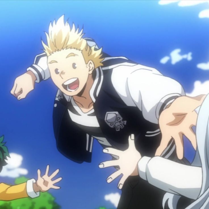 the image depicts an anime boy with spiky blonde hair wearing a black and white jacket smiling while reaching out his hand towards another person. the scene is set outdoors under a bright blue sky with white clouds. the boy looks happy and friendly.