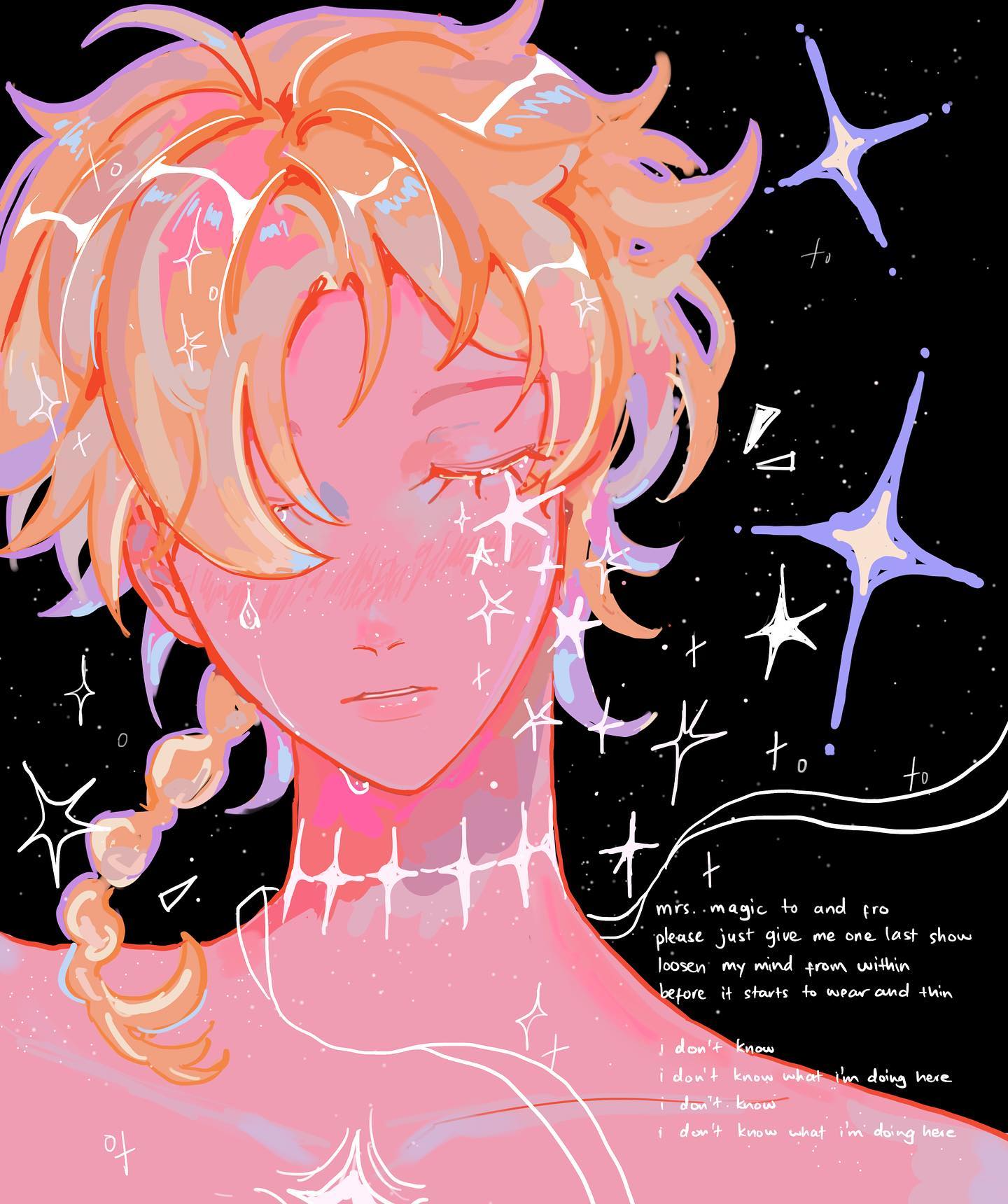 the image is a stylized digital portrait of a young androgynous person with long, light orangeblonde hair. their skin is depicted in soft pinks and their expression is one of melancholy. the character has several small, sparkling stars adorning their face and neck, giving them a celestial or ethereal quality. the background is a dark spacelike setting sprinkled with larger, similarly glowing stars.  there is a lyrical text overlay  that expresses feelings of uncertainty and a longing for one last performance or experience, adding a contemplative and emotional layer to the piece.  the overall style is whimsical, soft and slightly dreamlike, with a focus on pastel coloring and delicate lines.