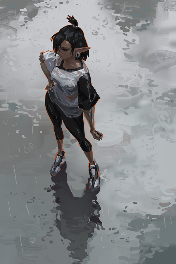 the digital painting depicts a female elf character standing on a rainslicked city street. her attire consists of a darkcolored shirt and leggings, and she wears sneakers. the rain creates puddles on the ground, reflecting the character and the city's atmosphere. the style is reminiscent of anime or digital illustration, with a focus on mood and atmosphere rather than crisp detail. the character appears pensive or lost in thought. the overall color palette is muted and grey.