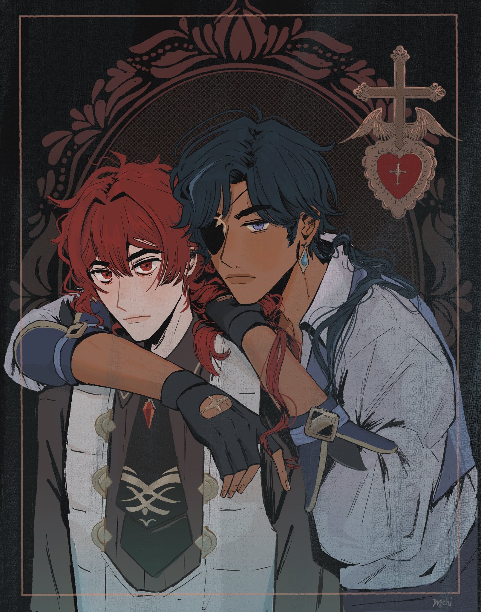 this is a digital art illustration featuring two anime men. both men are drawn in a realistic style. the man on the left has long red hair and is wearing a white shirt with a dark vest over it. the man on the right has blue hair and is wearing a light blue shirt. the man on the right is also wearing an eyepatch over his left eye. the two men are close together and appear to be romantically involved. they are framed by a gothicstyle ornate heartshaped doorway. there is also a cross with wings and a heart inside the doorway, representing love, faith, and devotion.