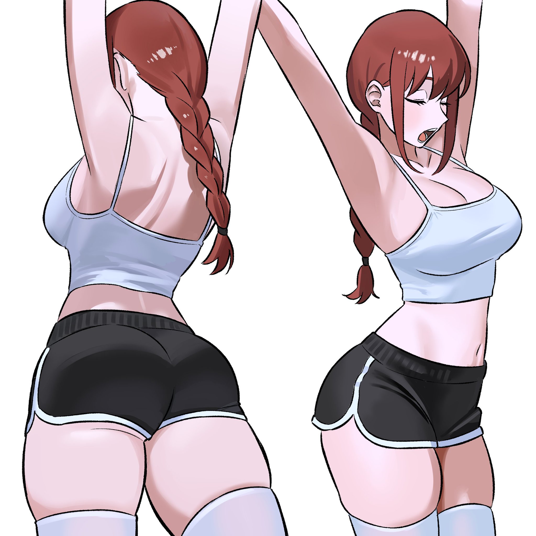 the image features an animestyle drawing of a woman in workout clothes. she is depicted from both the front and back. she is wearing a sports bra and black shorts, and her hair is styled in a braid. her arms are raised above her head, suggesting she is stretching.