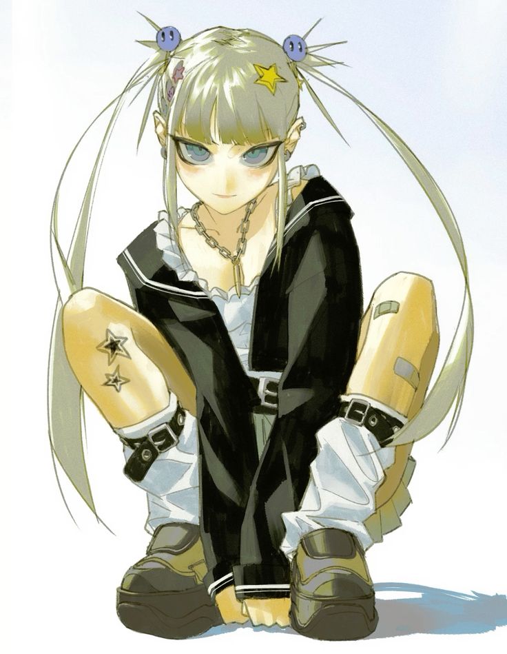the image is a detailed digital illustration or painting of an animestyle girl. she has long blonde twintails adorned with star and smiley face hair accessories. she's wearing a dark, almost black, jacket with a sailor collar, a choker necklace, and kneehigh socks with boots.  she has small star tattoos on her legs and what appears to be a bandage on her thigh. she is crouching, and her expression is serious and somewhat stoic. the art style is reminiscent of manga, but with a slightly more painterly, less cleanlined approach. the overall aesthetic leans towards punk or edgy style.