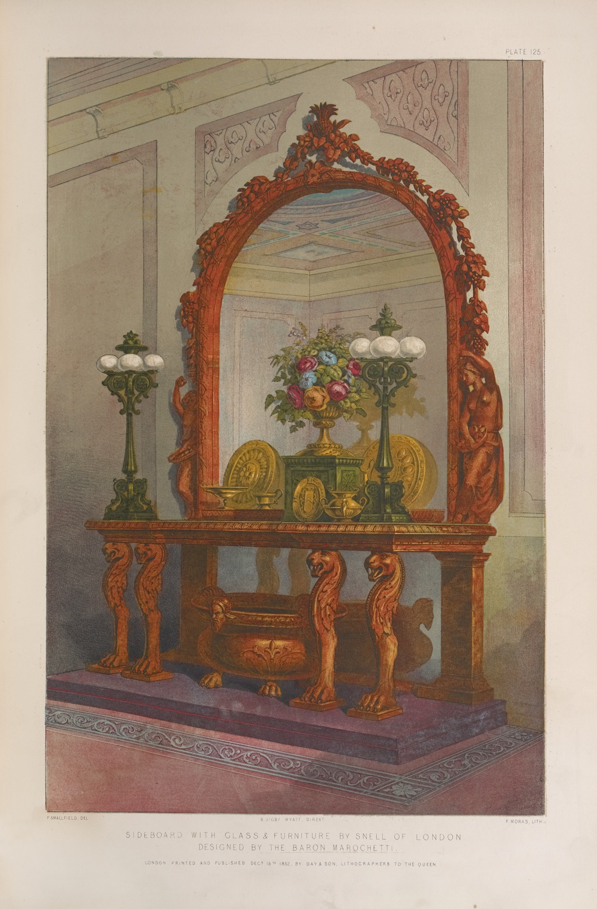 an antique sideboard with a large, ornate mirror is the central focus of this image. the sideboard features lionlegged supports, a large basin underneath the table, and various decorative items on top, including lamps, plates, and a floral arrangement. the mirror, adorned with elaborate carvings and sculptures, reflects an interior space with architectural details.