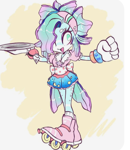 a full body illustration of a sonic the hedgehog fan character, designed as a pastelcolored betta fish, with green hair and fins, a blue and pink dress with stars, and pink rollerskates. the character is posed holding a serving tray with one hand, and the other is balled in a fist.  the background is a pale yellow.