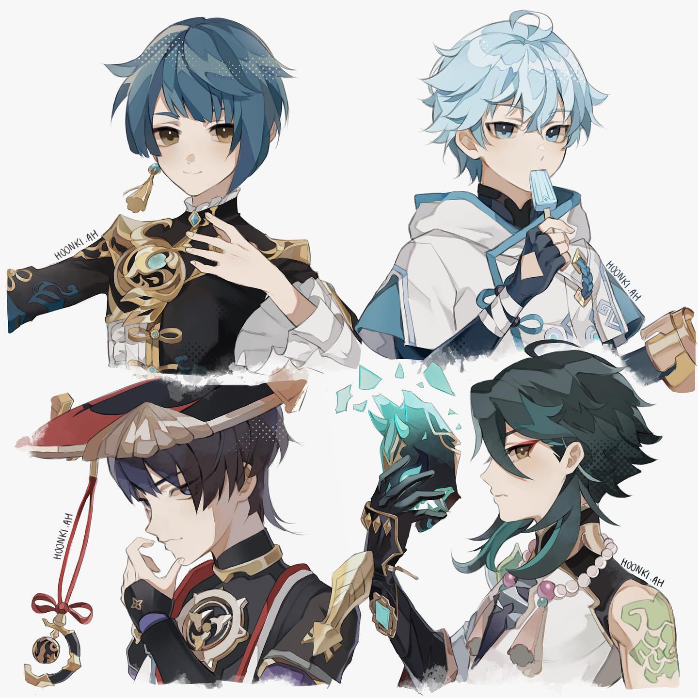 the image is a digital fanart piece by artist hoonki_ah featuring four characters that strongly resemble characters from the video game genshin impact.  the art style is animeinfluenced, with soft shading and elegant character designs.  each character has a unique hairstyle and outfit, displaying a range of styles. the composition shows four distinct character portraits arranged in a collage format. two of the characters appear to be male and two female,  showing off various accessories and clothing styles ranging from traditional chineseinspired garments to more modern fantasy designs. a noticeable detail is one character seemingly eating a popsicle, while another holds what appears to be a shattered crystal. the overall impression is a collection of stylish and detailed character illustrations.