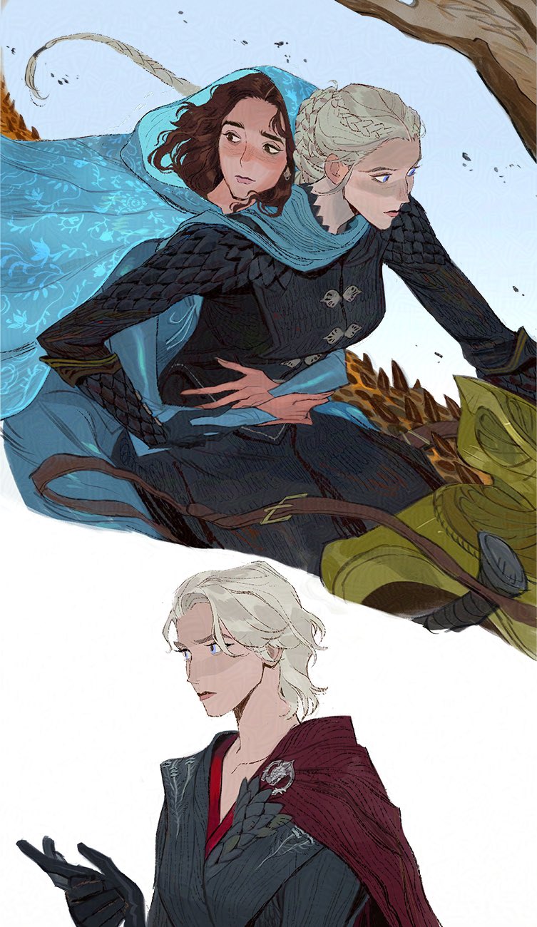 this is a fantasy illustration of three women, two flying on a dragon, and the other standing on the ground. the two flying women are dressed in armor and have dark hair. the woman on the ground has blonde hair. she is looking at the dragon as if she is waiting for her turn to fly. the art style is animelike, with a focus on detailed clothing and facial expressions. the overall tone of the illustration is adventurous and magical, with a sense of excitement and wonder. the scene is set in a fantastical world, with a focus on the beauty and power of mythical creatures.