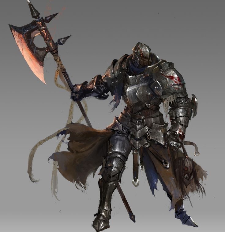 a fierce warrior, clad in dark armor, stands ready for battle. he is holding a large axe and his helmet casts a shadow over his face. his armor is worn and dented, signifying battles already fought.