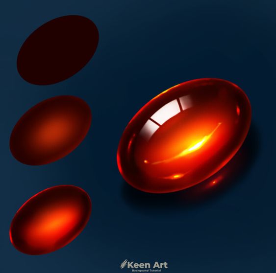 the image shows a tutorial on how to create a glowing red orb using digital art techniques. the tutorial includes four steps, each showing a different stage of the process. the final result is a realisticlooking orb with a bright, glowing center.