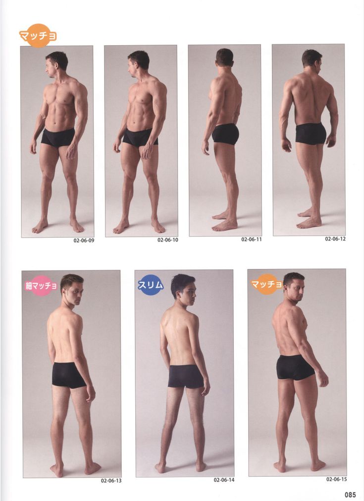 the image is an illustration of six different male models posing in different poses, showcasing different body types and muscularity. the men are wearing black underwear, showcasing their musculature. each model is photographed from three different angles  side, back, and 3/4. the image appears to be a part of a reference book or an instructional resource for artists.  each pose has a japanese word caption indicating its specific type.