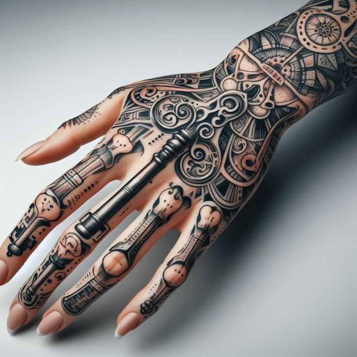 a closeup of a hand with an elaborate black and white tattoo design. the tattoo covers the entire hand and extends onto the wrist and arm. the design is intricate, featuring a combination of mechanical and ornate elements. a prominent key is tattooed across the palm, surrounded by filigree and other decorative patterns. the fingers are tattooed with bonelike designs, suggesting a mechanical skeleton or cyborg. the skin tone is visible underneath the tattoo, giving it a realistic appearance. the overall style is reminiscent of steampunk or biomechanical art.