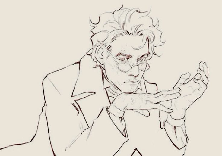 a simple black and white sketch of a man with glasses looking down to the right of the image, with his hand up as if he is holding something. he is drawn with simple lines and appears to be in a coat.