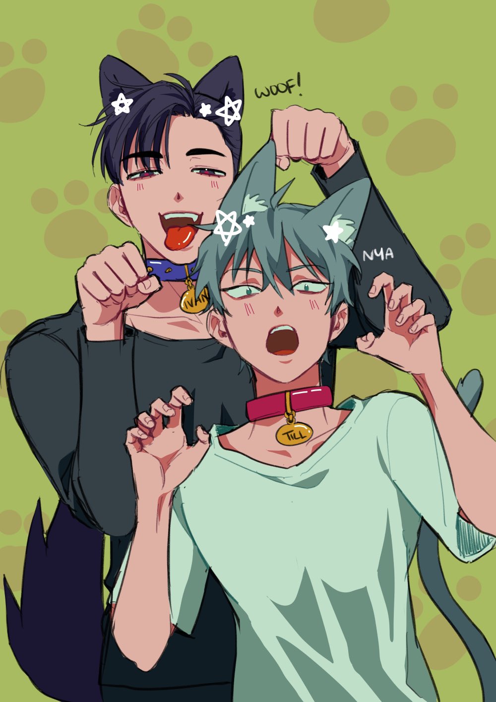 two boys with cat ears and tails are smiling at each other, one is wearing black clothes and the other is wearing a light green tshirt. they are playing together and are clearly having a good time. the background is a green color with paw prints.