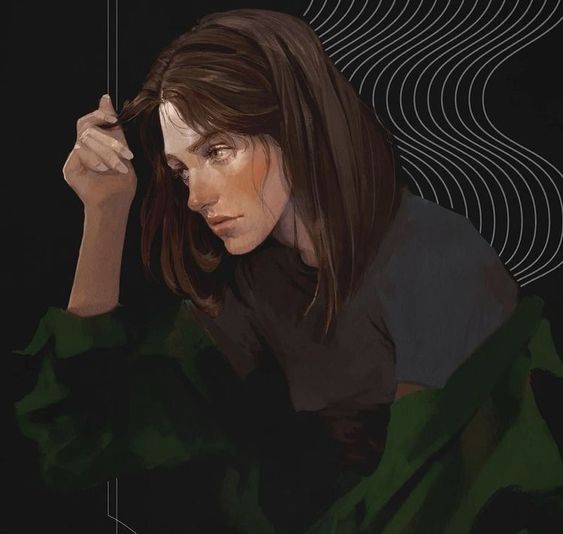 a digital painting of a woman with shoulderlength brown hair wearing a green jacket. she is depicted against a dark background with subtle white wavy lines. her expression is contemplative, and she holds a strand of hair between her fingers. the artwork has a soft, almost melancholic mood.