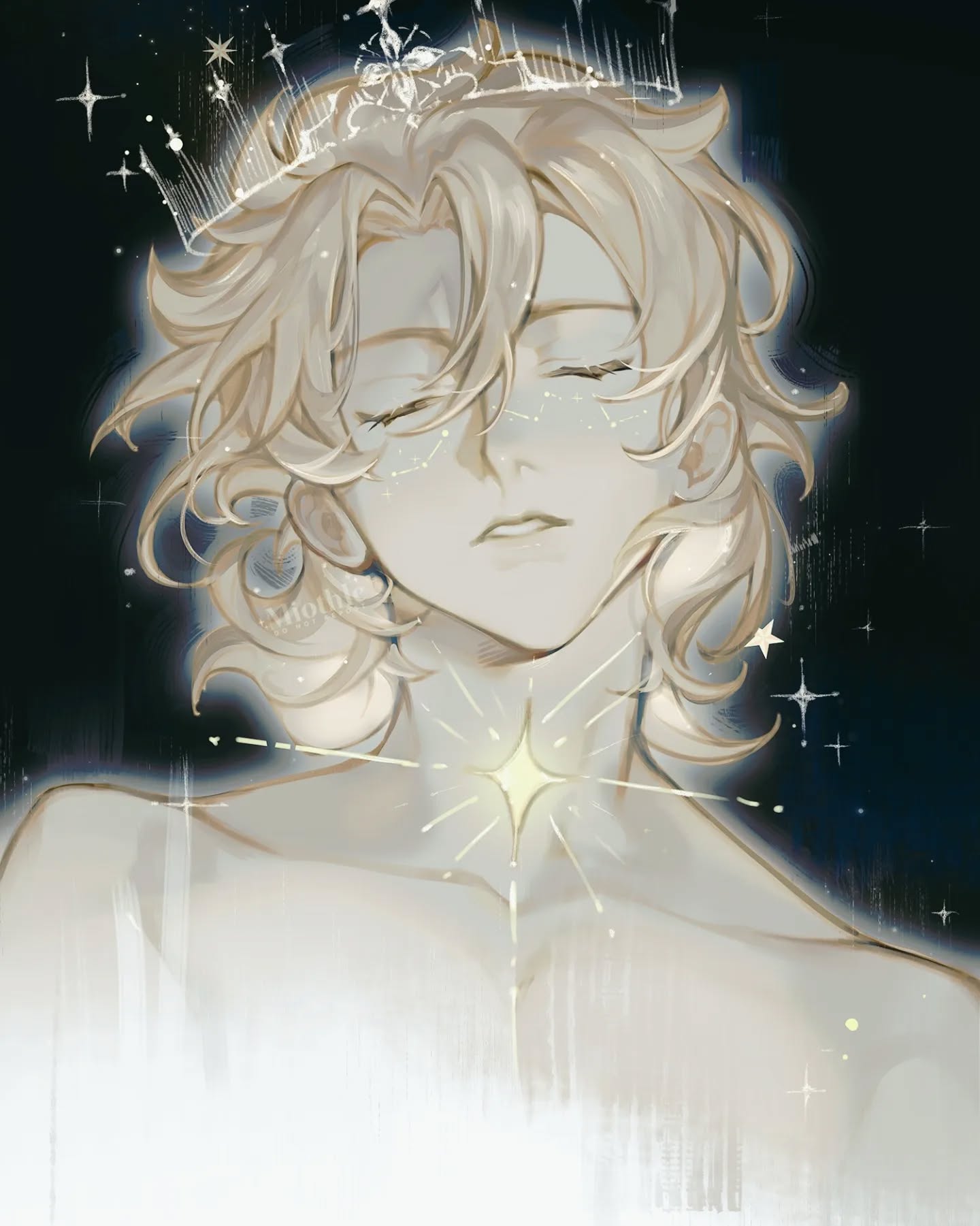 the image is a digital painting or illustration in an anime/manga style. it depicts a young man with long, blond hair, eyes closed in a peaceful expression. he wears a delicate, starshaped crown and is bathed in soft, ethereal light that resembles starlight or a celestial glow. the overall aesthetic is dreamy, magical, and serene, with a focus on soft colors and a calming atmosphere. the style is artistic and detailed, with a focus on creating a sense of peace and fantasy.  the artwork showcases a blend of soft brushstrokes and sharp lines, creating a contrast that adds depth to the image. the figure is positioned centrally, dominating the composition. the background is a darker, night sky, contrasting the light skin tone of the character.