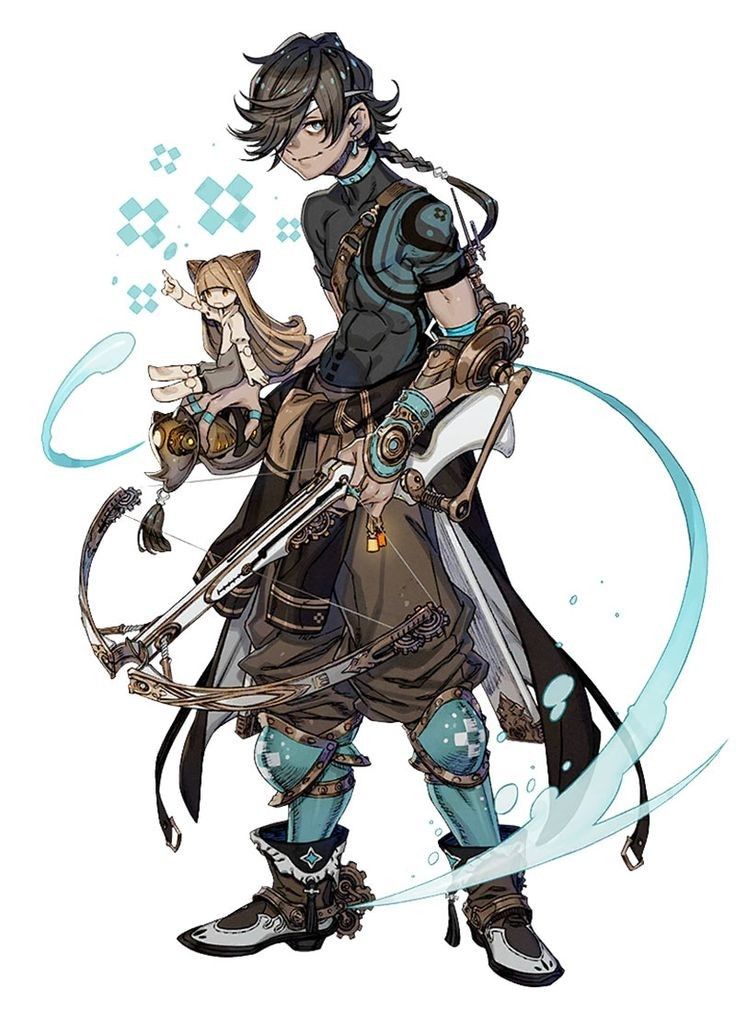 a fullbody illustration of a male character from a fantasy setting. he has a mischievous expression and is wielding a large, intricate crossbow. he wears an outfit with a mix of brown and teal colors, accented with metal details. the character also carries a small, dolllike companion with him.  the background is white with hints of blue, suggesting movement or magic.