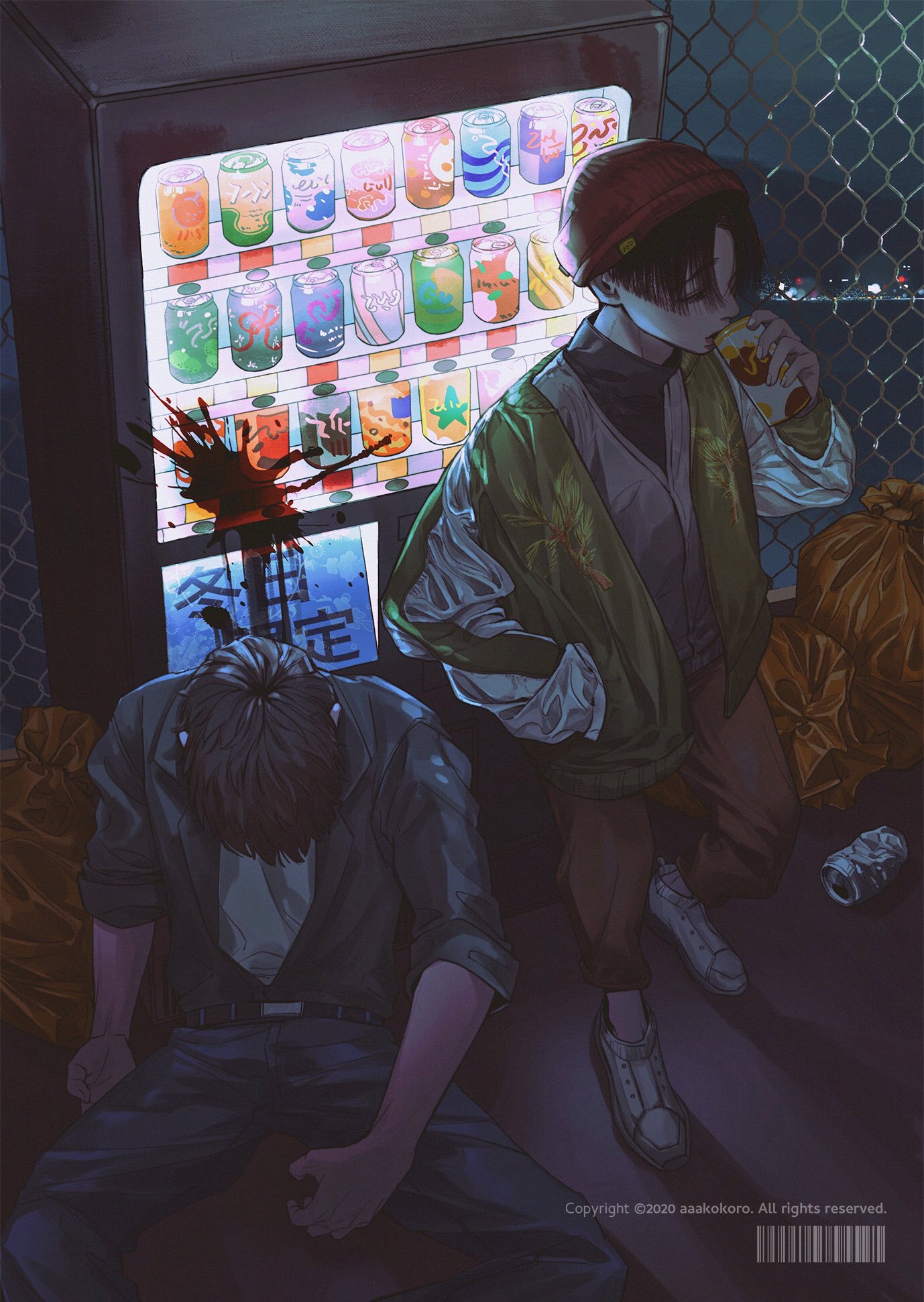 the illustration depicts two anime characters, one standing and the other crouched, near a vending machine. the standing character wears a red beanie and a green jacket and is holding a can. the crouched character is slumped over and has blood coming from the back of his head. the scene suggests a violent altercation, possibly involving the standing character. the image is set against a dark, urban background, suggesting a nighttime setting. the illustration utilizes stylized features common in anime and manga art, with a focus on visual storytelling. the use of lighting and shadows contributes to the somber and dramatic atmosphere of the scene.