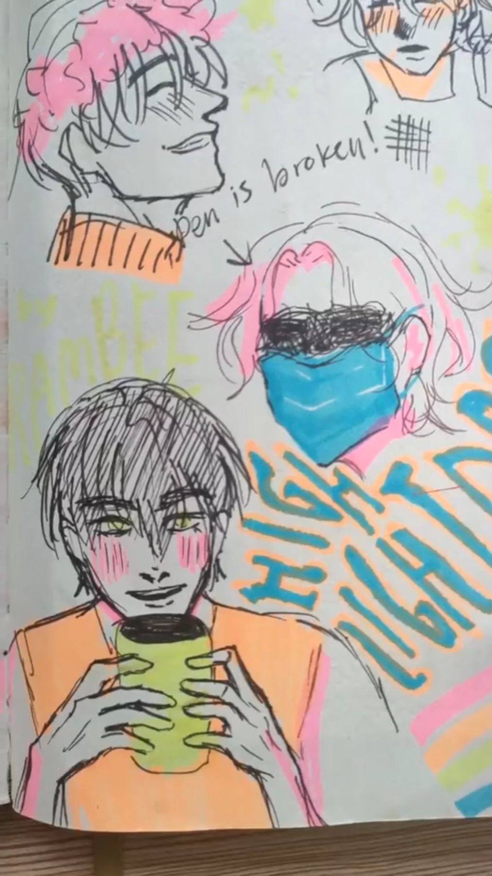 the image showcases a sketchbook page filled with four character sketches drawn in a manga style, likely fanart. the characters are all boys with varying hairstyles and expressions, one wearing a flower crown and another with a face mask. there is text interspersed among the drawings, including "ben is broken!" and stylized japanese characters. the artwork is done in black ink with highlights of pink, yellow, and green, contributing to the overall playful and energetic feel.