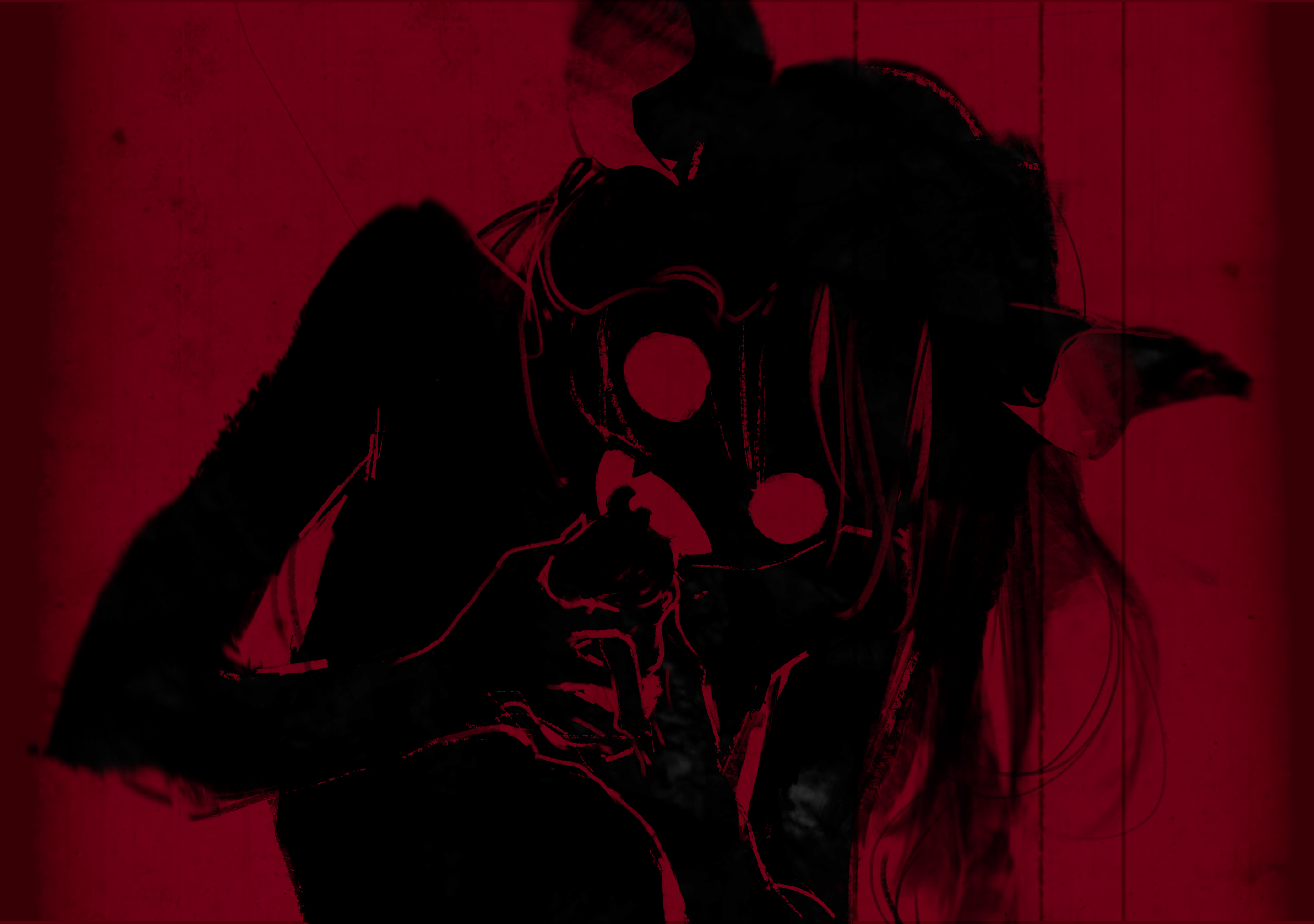 a dark, sinister image depicts a silhouetted figure against a red backdrop. the figure is animeesque, with a mask, horns, and long hair. it appears demonic and evil. the overall tone of the image is scary, unsettling, and horrific. the figure is holding something in its hands near its mouth.