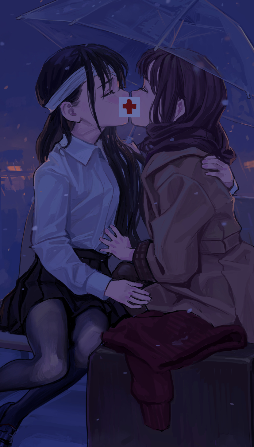 a digital art image depicts two women kissing in the rain. the woman on the left has dark hair, a bandage on her head and a red medical cross over her lips. she wears a white buttondown shirt and a black skirt. the woman on the right has brown hair and wears a brown jacket. they are standing under an umbrella in the dark and it appears to be snowing.
