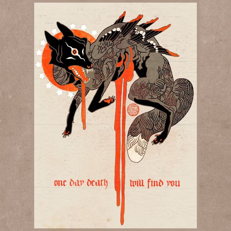 the image is an illustration featuring a stylized foxlike creature with wings, set against a cream background with the text "one day death will find you" at the bottom. the fox has black fur on its head and legs, gray fur on its body and tail, and sharp red accents on its wings and claws. a red circle with white stars surrounds the fox's head. red drips flow down from the fox's body.
