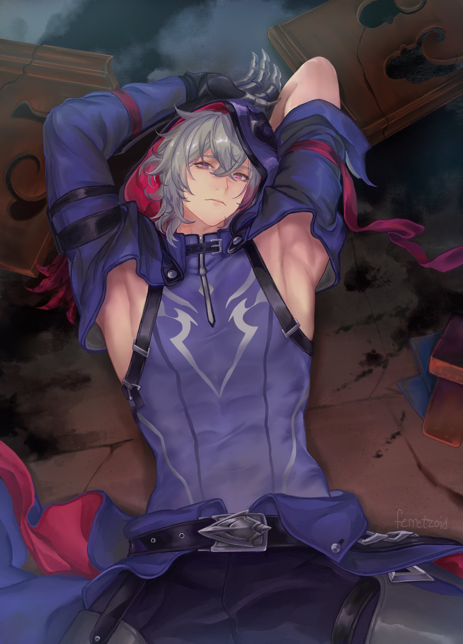 this digital art is a fantasy illustration of a relaxed anime male character with white hair. he is wearing a black jacket with purple and red accents. he's lying on his side, looking at the camera with a relaxed expression.  the character has a black belt around his waist and is wearing dark pants. the background is a blurry mess of colors with a large wooden object to the left of the character, likely a chest, and a wooden object to the right, possibly a table, or part of a building.