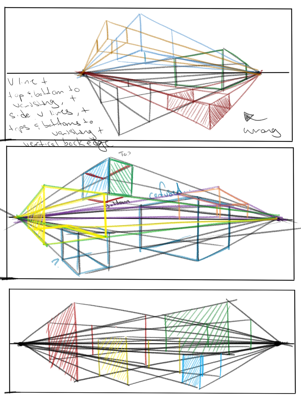 the image presents three handdrawn sketches exploring different aspects of perspective drawing.  the top sketch shows an attempt at onepoint perspective, but it is labeled "wrong," indicating a flaw in the application of the vanishing point. the middle and bottom sketches appear to be more advanced explorations that showcase multiple vanishing points, likely demonstrating twopoint or even threepoint perspective. the sketches incorporate colored lines to help distinguish and track different edges and faces of a group of cubes. the overall impression is that the drawings represent a learning process in understanding and applying perspective techniques.