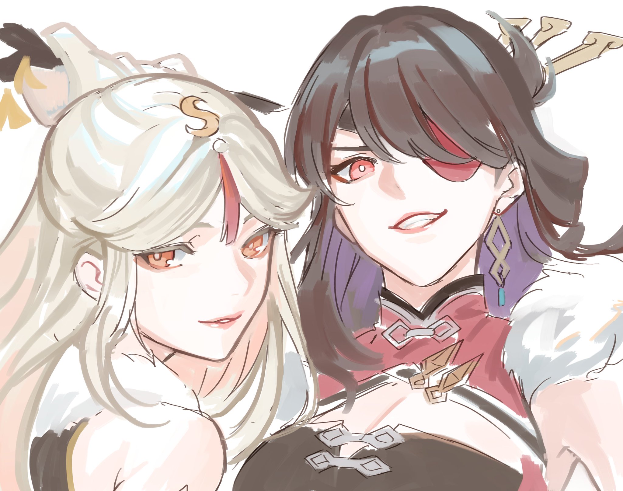 the image is a digital illustration of two anime girls. the girl on the left has long white hair and is wearing a white dress. she is smiling cheerfully. the girl on the right has long black hair with purple streaks and is wearing a red and black dress. she is also smiling. they are both very close to each other and look like friends. the background is simple and white.