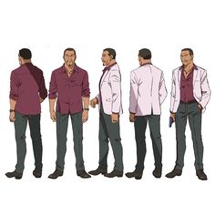 five views of the same male anime character wearing a maroon buttondown shirt with the sleeves rolled up, gray pants, and black shoes. in some views, he is also wearing a white suit jacket and/or holding a gun.