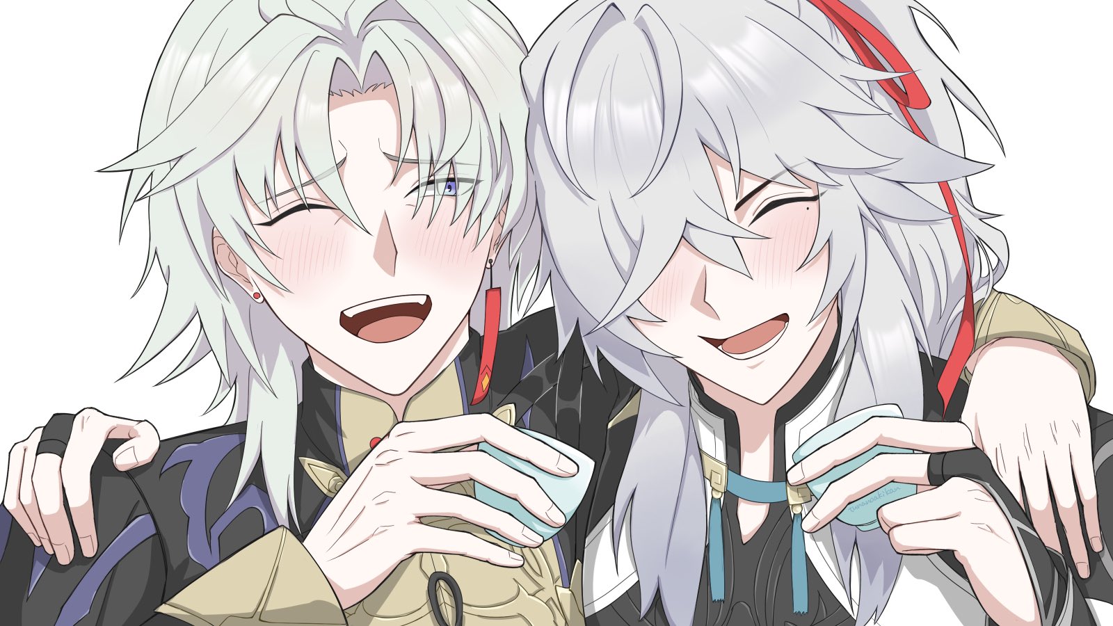 two anime men with long white hair, wearing traditional chinese clothing, are smiling and hugging each other while holding teacups. the one on the right is wearing a red ribbon in his hair.