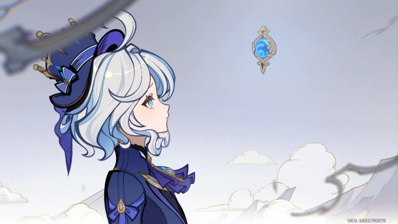 ganyu from genshin impact, with her white hair and blue hat, looking up at a floating orb in the sky, with a light blue background and fluffy white clouds.  she has blue eyes and is wearing a black and blue outfit.