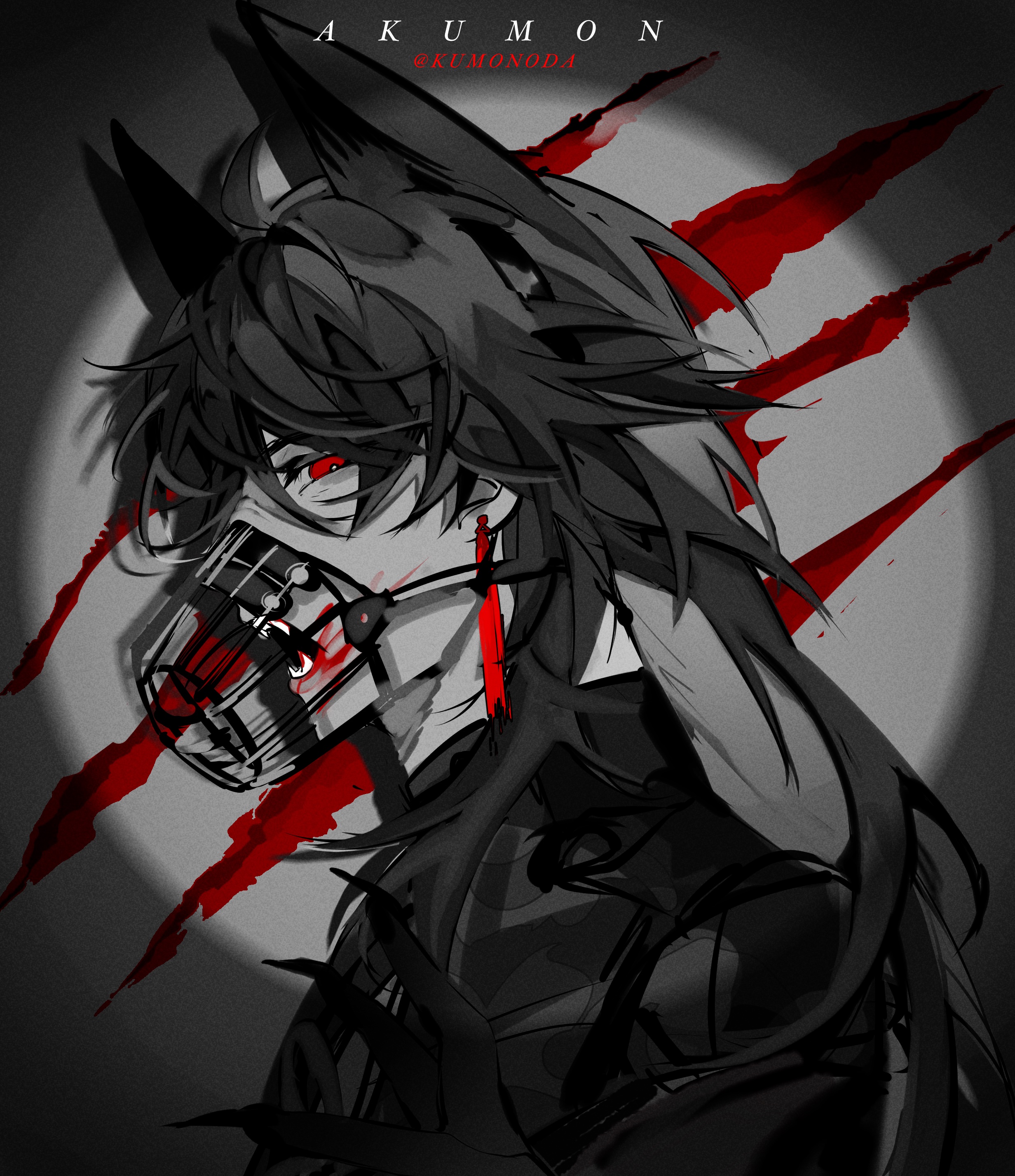 this is a digital art illustration of an anime girl in black and red with wolf ears, red streaks on the back and a cage mask. she is looking intensely in the distance. the background is black with some red streaks.  the art style is monochrome with red highlights. the background is blurred and the focus is on the girl. the title of the image is "akumon" in red letters.