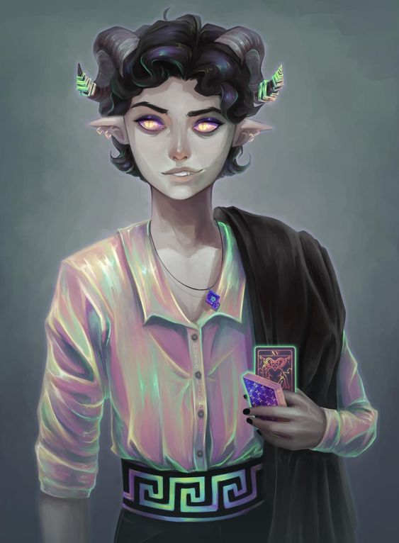 the image shows a digital painting of a male tiefling warlock. he has dark hair, gray skin, yellow eyes, and curled horns. the tiefling is wearing a white iridescent button down shirt with the sleeves rolled up. there is a green design on his belt. he is holding a tarot card, the star, in his right hand. a black cloak or jacket is draped over his left shoulder. the background is a muted blue gray.