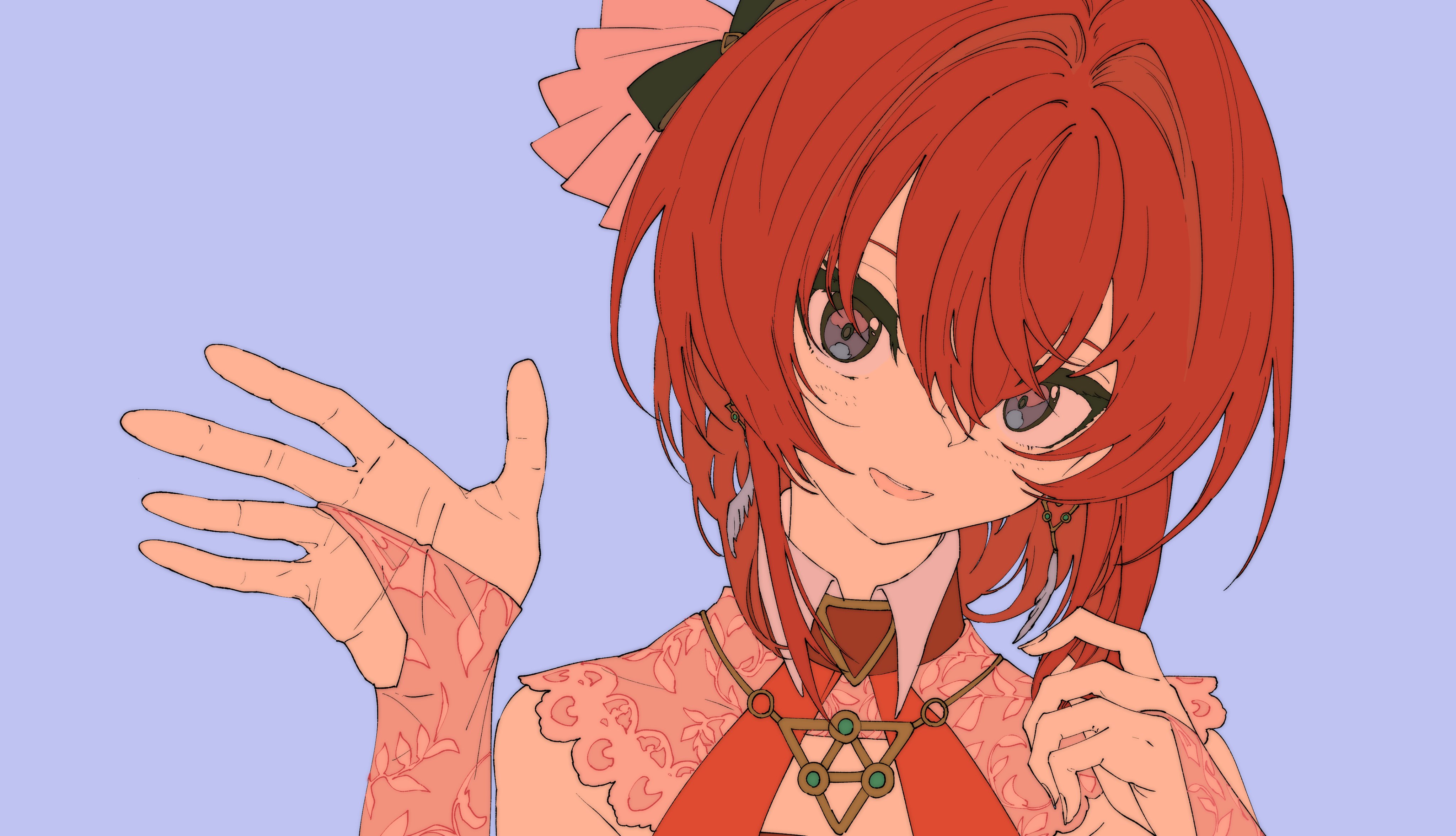 the image is a digital illustration of an animestyle girl with vibrant red hair. she is smiling and gesturing with one hand, seemingly waving. her outfit is a red and peach dress with intricate lace detailing, adorned with a unique necklace and earrings. her eyes are a striking blue, and she has noticeable freckles. the background is a soft, light purple. the overall style is pasteltoned and stylized, typical of modern digital fan art.