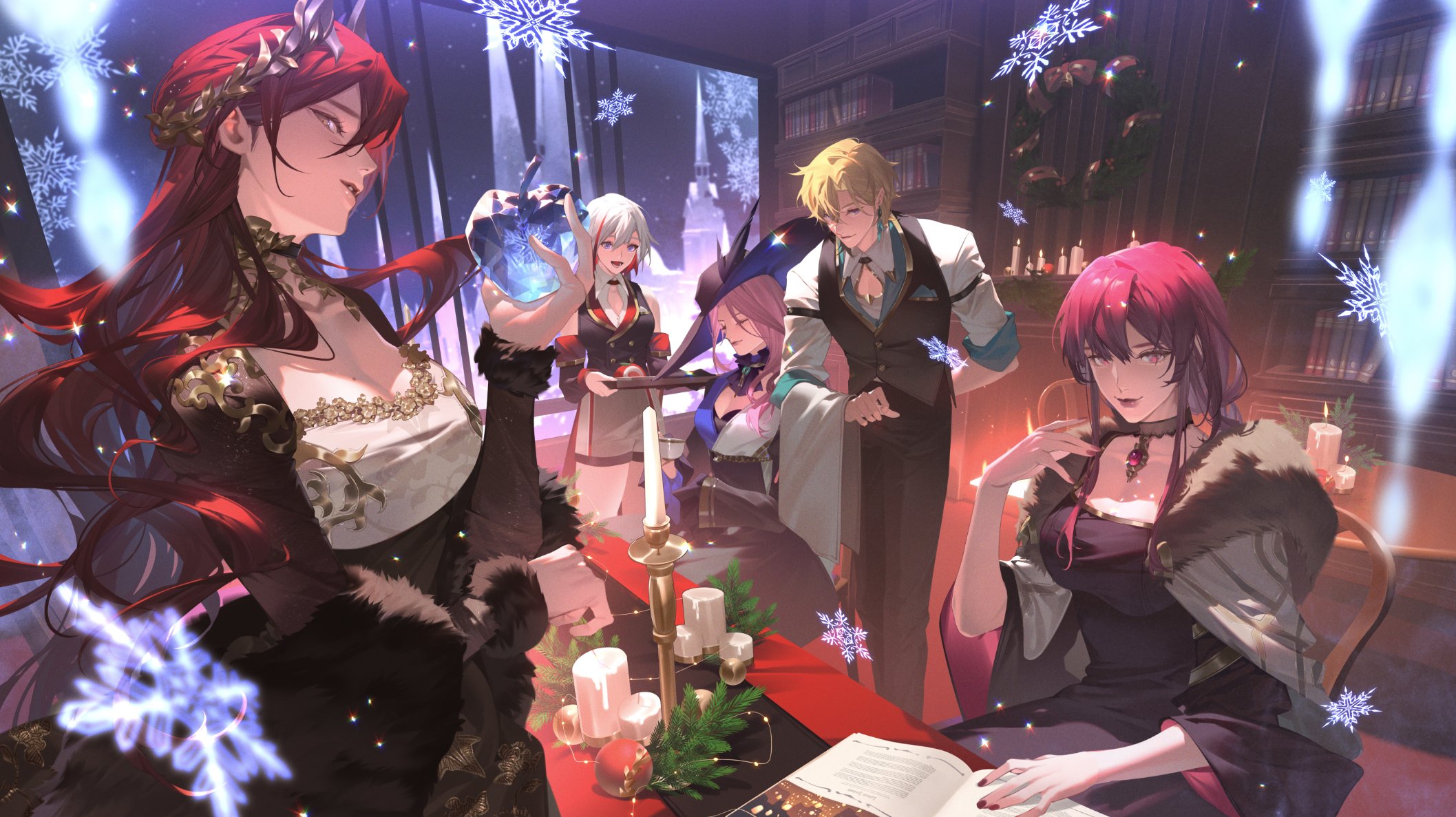 he image is a digital painting or illustration depicting a group of animestyle women in elegant attire, gathered around a festively decorated table during a christmas celebration.  the setting appears to be a luxurious library or study. the women are dressed in rich, elaborate gowns with various hair colors, including red, blonde, and purple.  snowflakes are falling, adding to the wintery and magical atmosphere. the scene is detailed and beautifully rendered, with a focus on the characters' expressions and clothing. one woman holds what seems to be a magical orb, suggesting a fantastical element to the gathering. the overall mood is festive and enchanting.