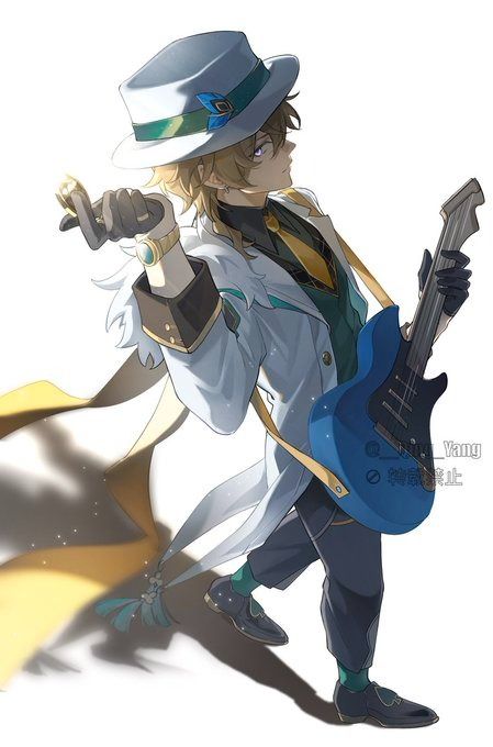 the image is a piece of vibrant digital fanart depicting venti, a character from the game genshin impact.  he's portrayed in a stylish, almost jazzy outfit: a light blue and white coat with yellow accents, a fedora, and dark trousers. venti is holding a bright blue electric guitar and is captured in a dynamic, almost dancing pose, suggesting a lively musical performance. his expression is confident and relaxed, enhancing his charismatic personality.  the art style is detailed and smooth, with a focus on dynamic lines and soft shading. the background is kept minimalist, focusing attention on venti and his pose.  the overall mood is energetic and stylish.